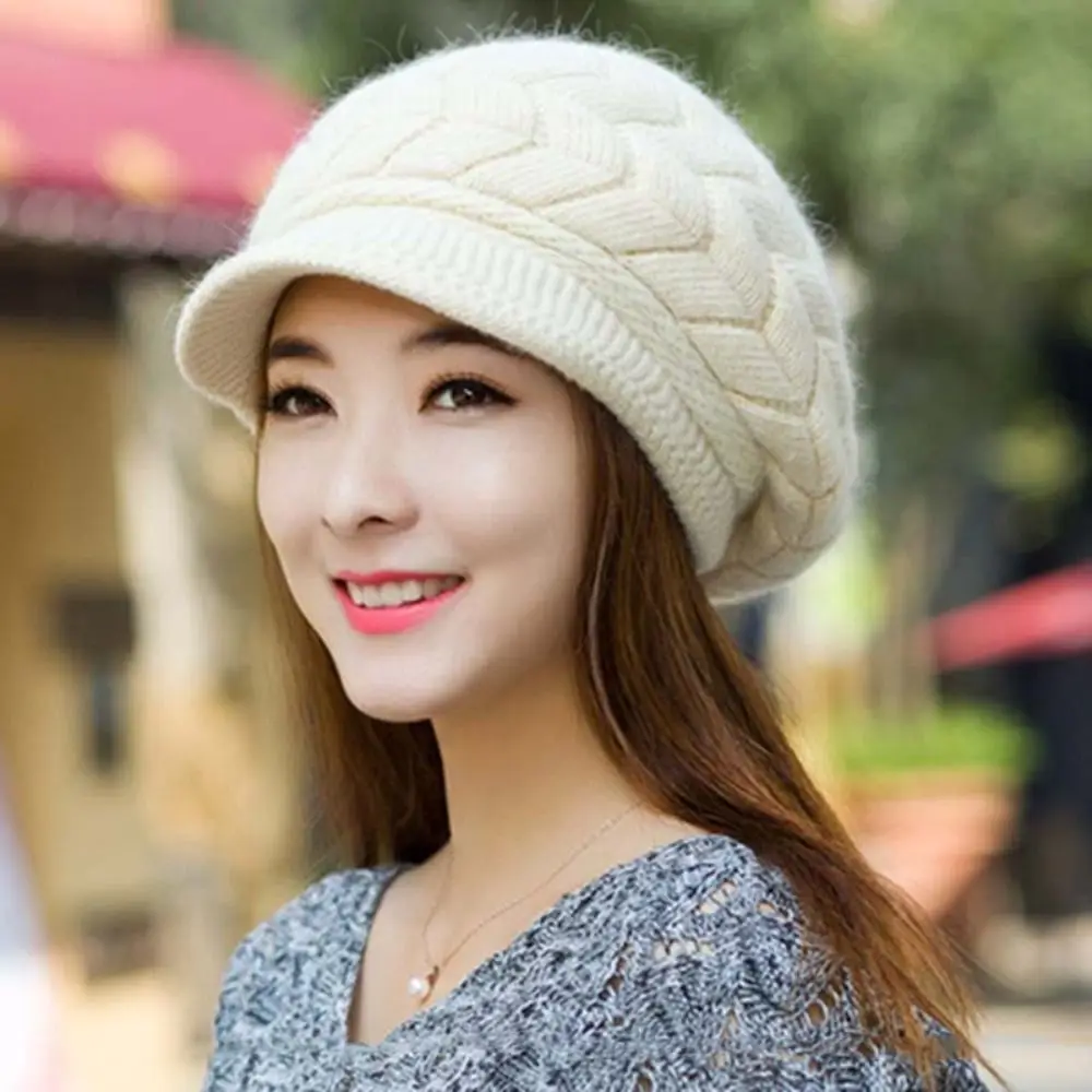 

Thicken Warm Striper Knitted Cap Winter Brim Caps Women Beret Cap Casual Ear Protection Thicken Knit Hat Autumn Winter