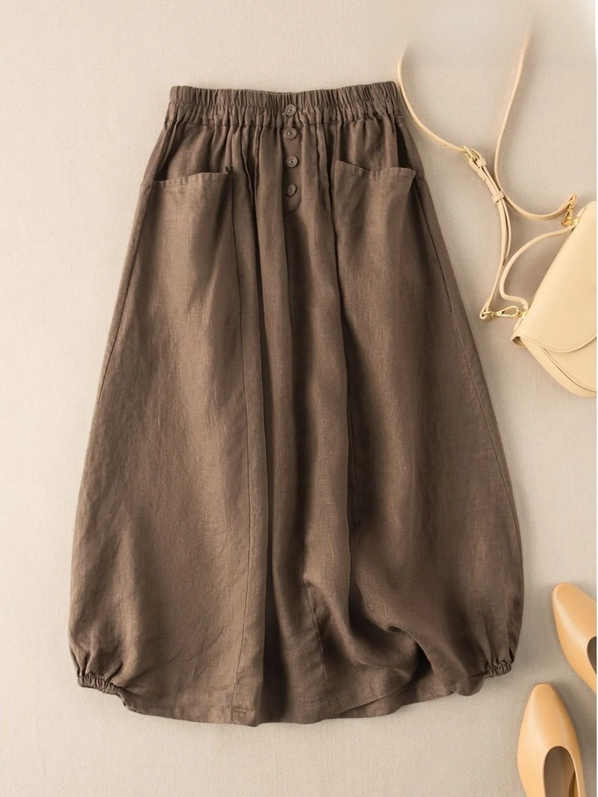 

Casual Cotton Linen High Waist Loose Women's Skirt A-Line Long Dr Versatile Comfortable Commute Sle Pure Color Design