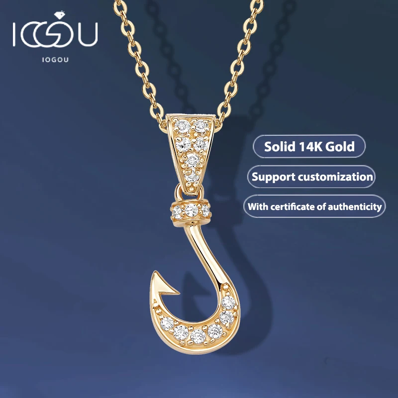 

IOGOU Solid Gold 14K Zircon Fish Hook Pendant for Men Women Hiphop Retro Fine Jewelry Gift With 925 Sterling Silver Link Chain