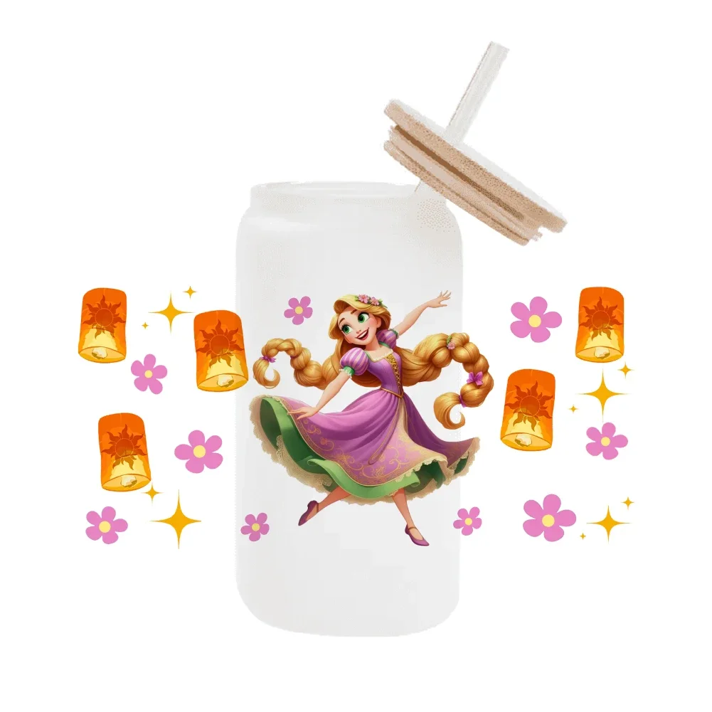 Disney-Princess Tangled UV Dtf Manquetas para tazas, Adesivos Descartáveis Resistentes à Abrasão, 16oz