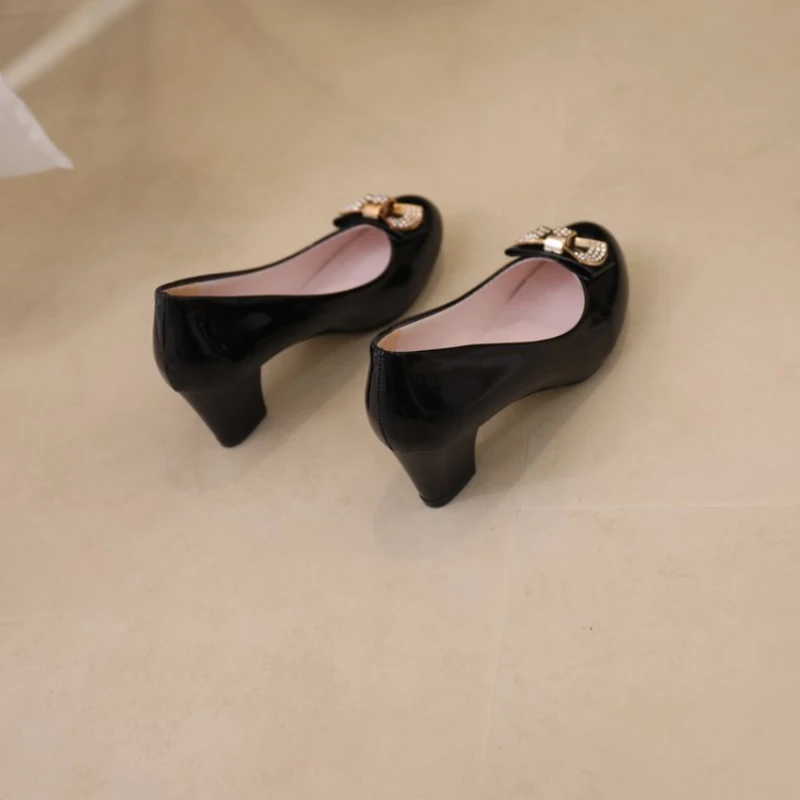 2023 round toe pumps women shoes med heels shallow slip on with butterfly knot square heels sweet female shoes