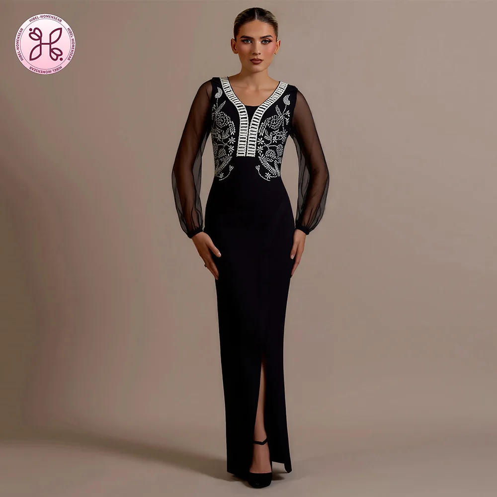 2025 Couture Beaded Gown - Deep V Neck Bandage Dress with Sheer Sleeves & Thigh Slit