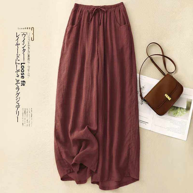 

Широкие брюки с высокой талией, женские летние тонкие двухслойные хлопковые и льняные драпированные прямые длинные повседневные брюки с большой ножкой