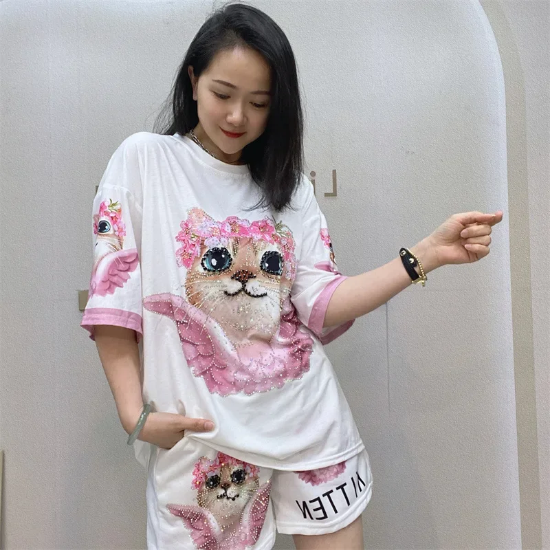 Cartoon Cat Printed Diamonds Two Piece Sets Womens Outifit Short Sleeve Casual Knitting Tops and Shorts Платье Женское Летнее