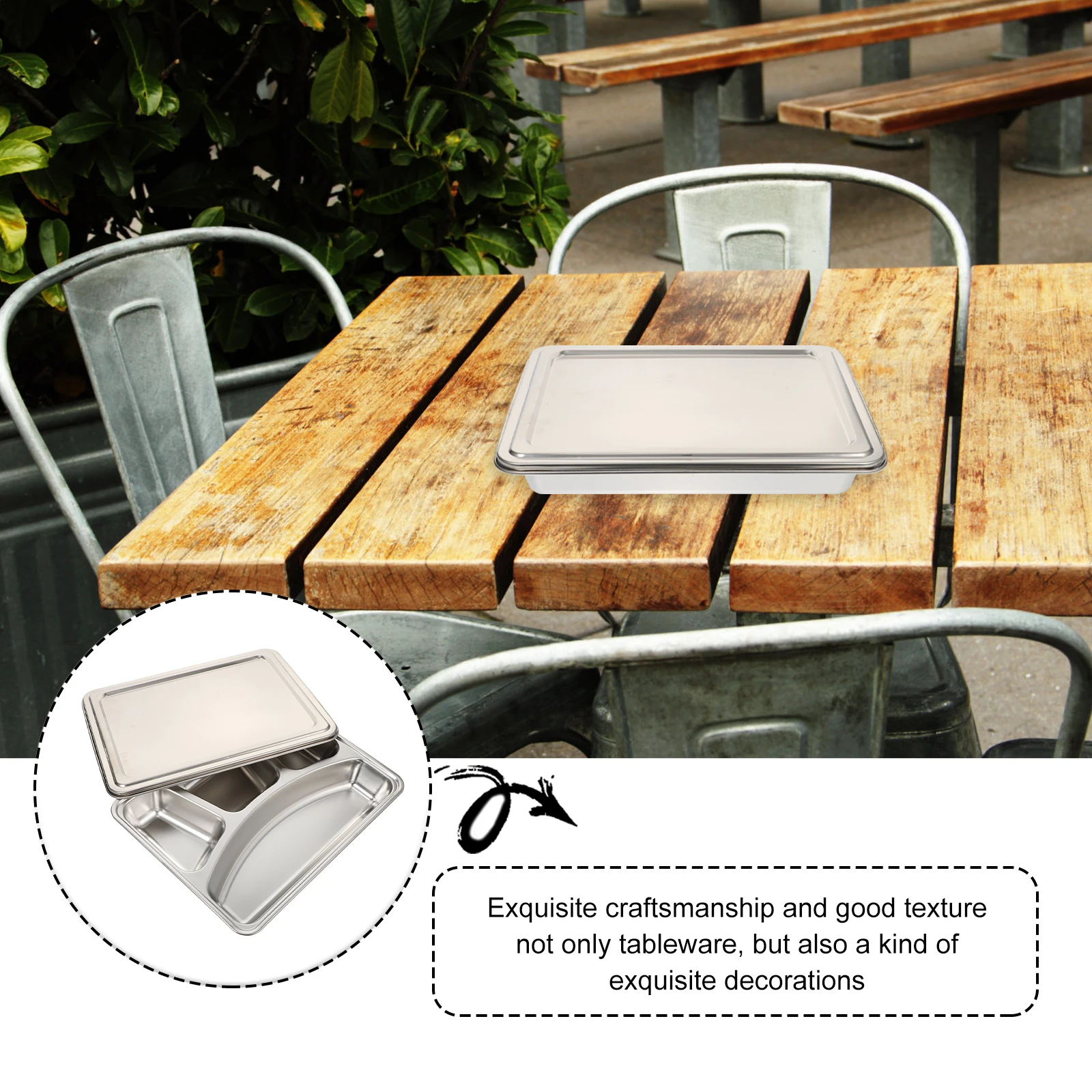 

Stainless Steel Food Divided Plate Compartment Tray Metal Grid Plates Student Lunch Safe Environmental Friendly