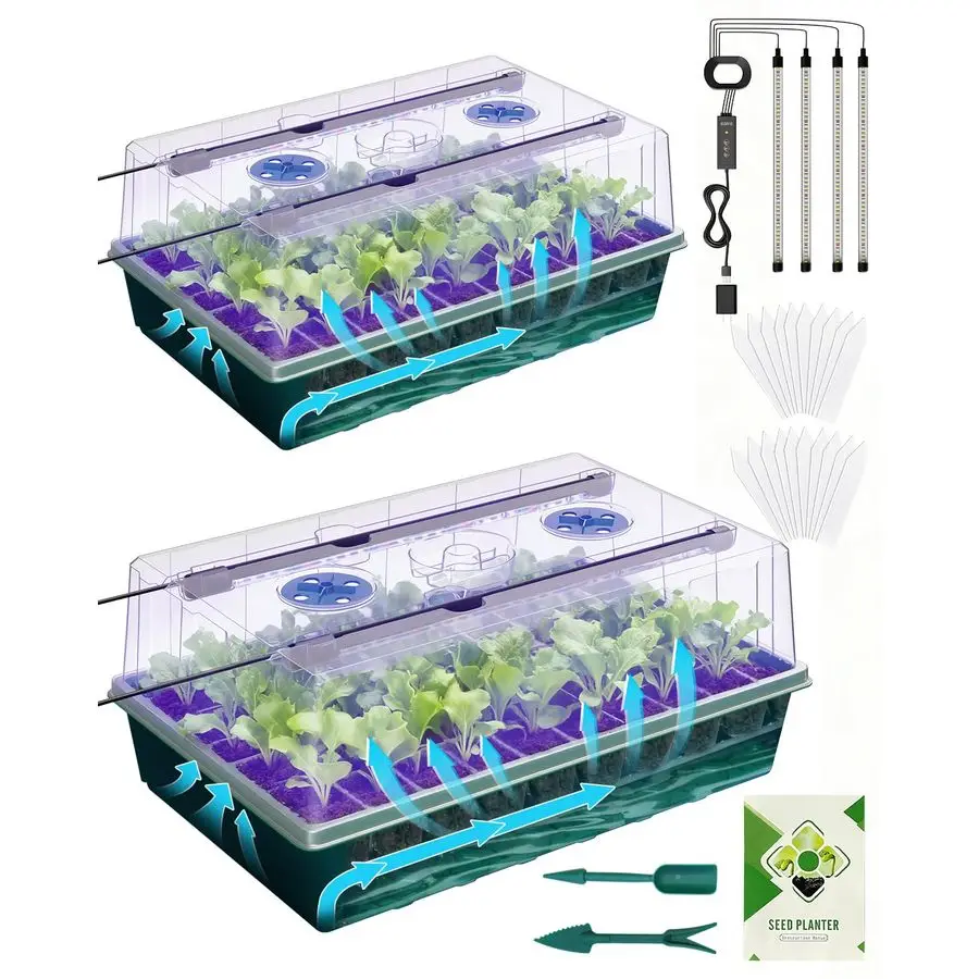 

Набор для выращивания рассады на 120 ячеек с автополивом, светильником и парниковым куполом, большой лоток для рассады на 120 ячеек, 3-цветная лампа для роста растений