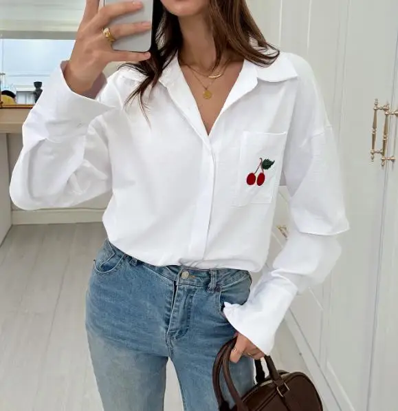 

Autumn Solid Color Elegant Lapel Cherry Embroidery Button Long Sleeved Shirt for Women's Casual Patchwork Sleeve Design Shirt