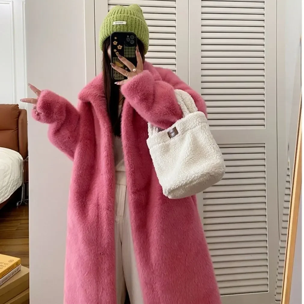 

Women Pink Thick Faux Fur Jacket Colorblock Autumn Winter Maxi Coat Long Warm Luxury Belt Fur Parkas Bontjas Furry Outerwear