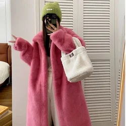 女性のためのピンクの厚いフェイクファージャケット,マキシコート,長くて暖かい,豪華なベルト,パーカー,毛皮のようなアウターウェア,カラーブロック,秋冬