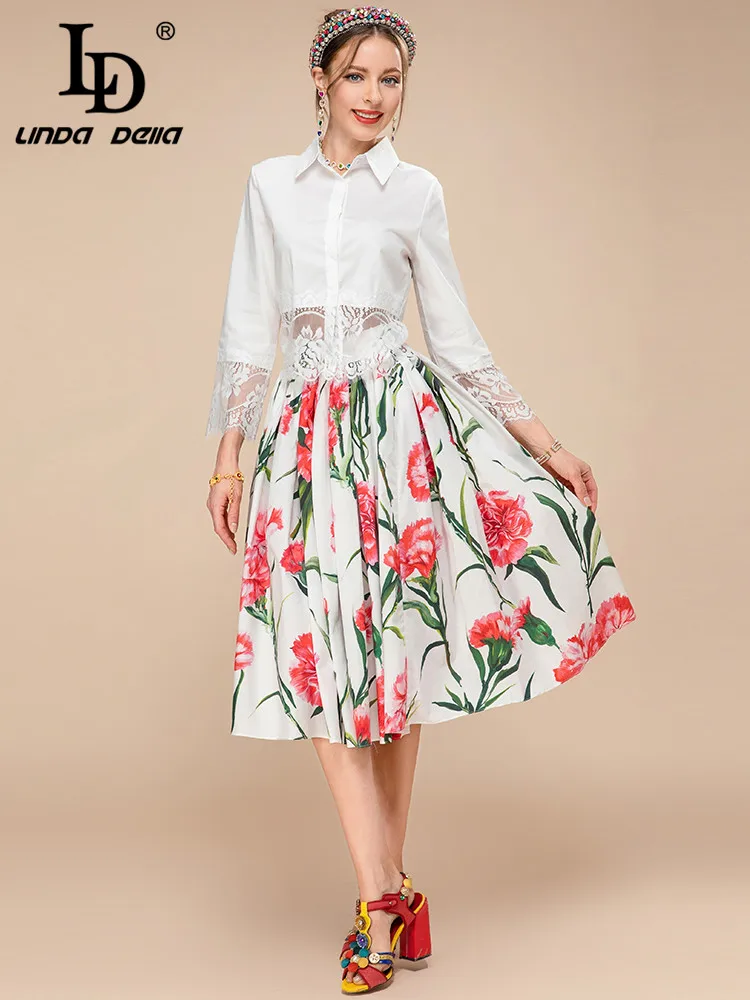 

LD LINDA DELLA 2023 New Spring Runway Vacation Cotton Skirts Suit Women's White Lace Hem Shirt＋Floral Midi Skirt 2 Pieces Sets