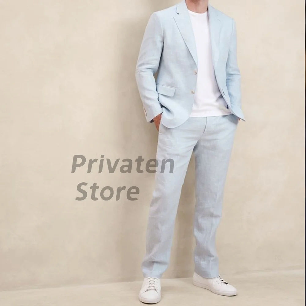 

Men's Set 2 Button Linen Lightweight Blue Blazer Sport Coat High-Quality And Fashionable Summer 2 Pieces (Jacket+Pants) 정장