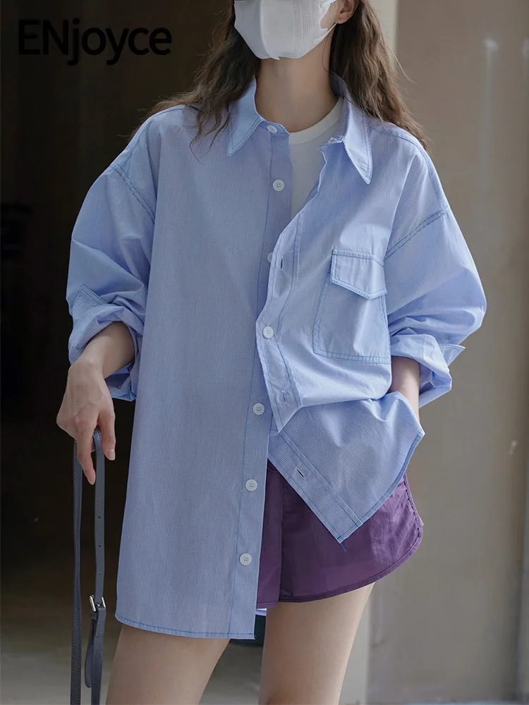 

2024 Summer Women Blue and White Striped Shirts Ladies Korean Fashion Streetwear Long Sleeve Top Sun Protection Blouses