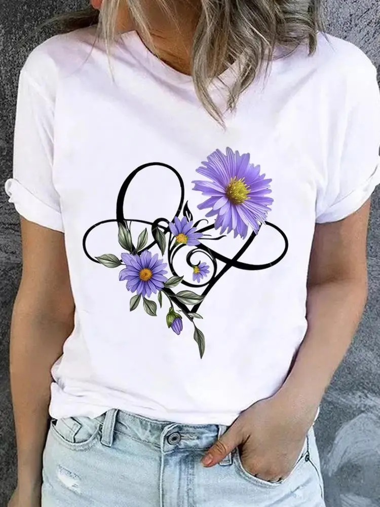

Love Heart Flower Casual T Print Short Sleeve Clothes Tees Clothing Fashion Ladies Popular O-neck Women Graphic T-shirts