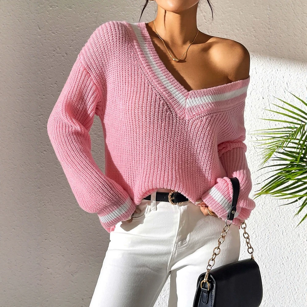 

Женские свитера Mia Muse, модные удобные однотонные эластичные повседневные свитера с длинными рукавами и v-образным вырезом 2025 года