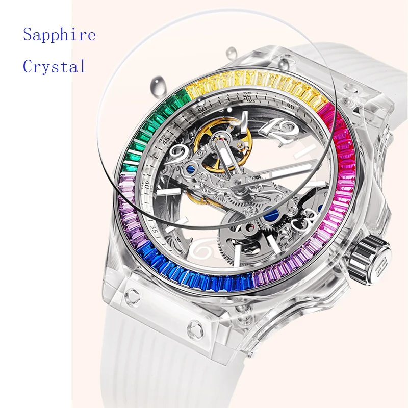 HANBORO Transparent Mechanical Watches For Women Diamond Skeleton Lady Watch Automatic Sapphire Original Design Zegarki Damskie