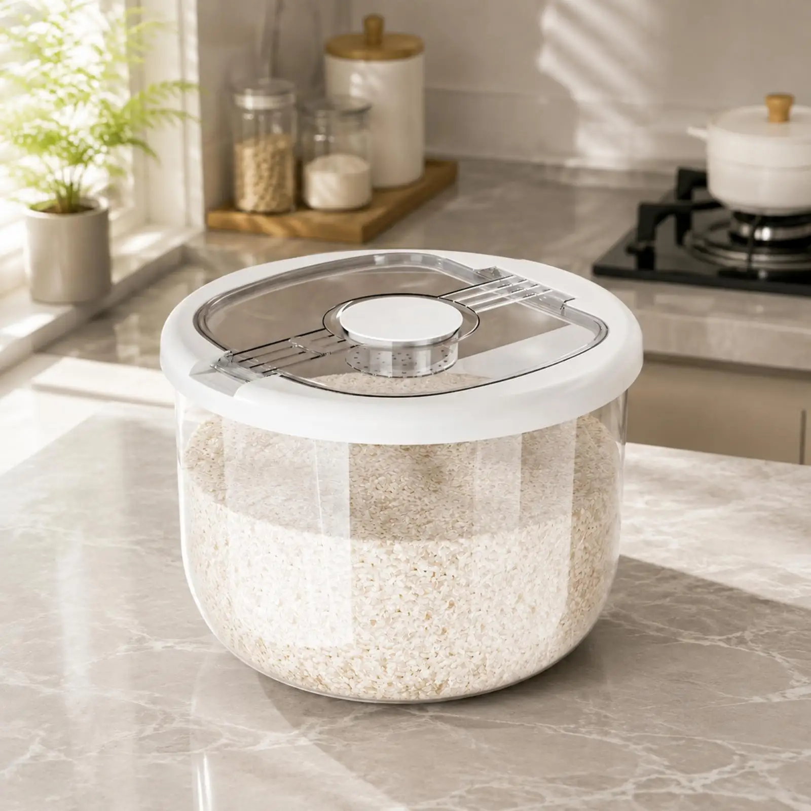 Cylindrical Rice Container with Hinged Hinged-Lid Lid Food-Grade Sealed Pantry Container with Protection Compartment
