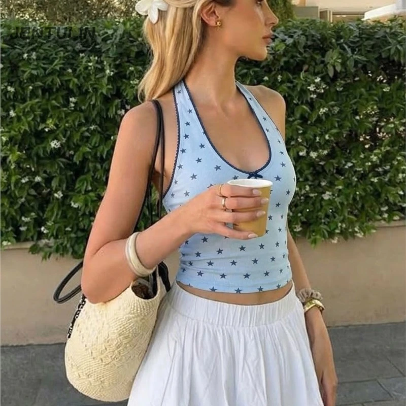 Blue Star Print Color Blocked Neckless Halter Top Summer Sexy American Style Girl Waist Cinching Slim Figure Revealing Back Top