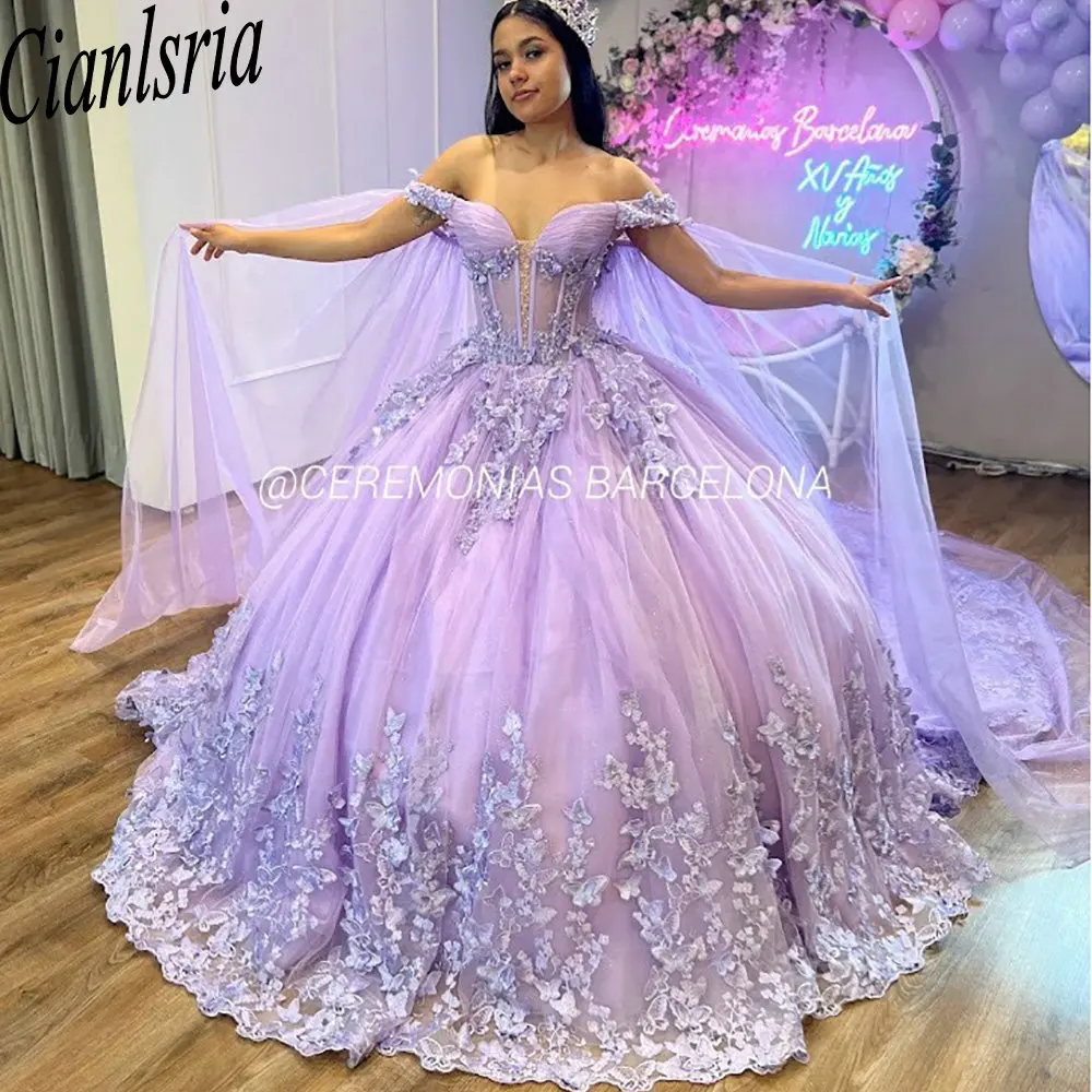 Lila illuison 3d Schmetterling Ballkleid Quince anera Kleider mit Umhang Applikationen Spitze Korsett süß 15 Vestidos de 15 Años