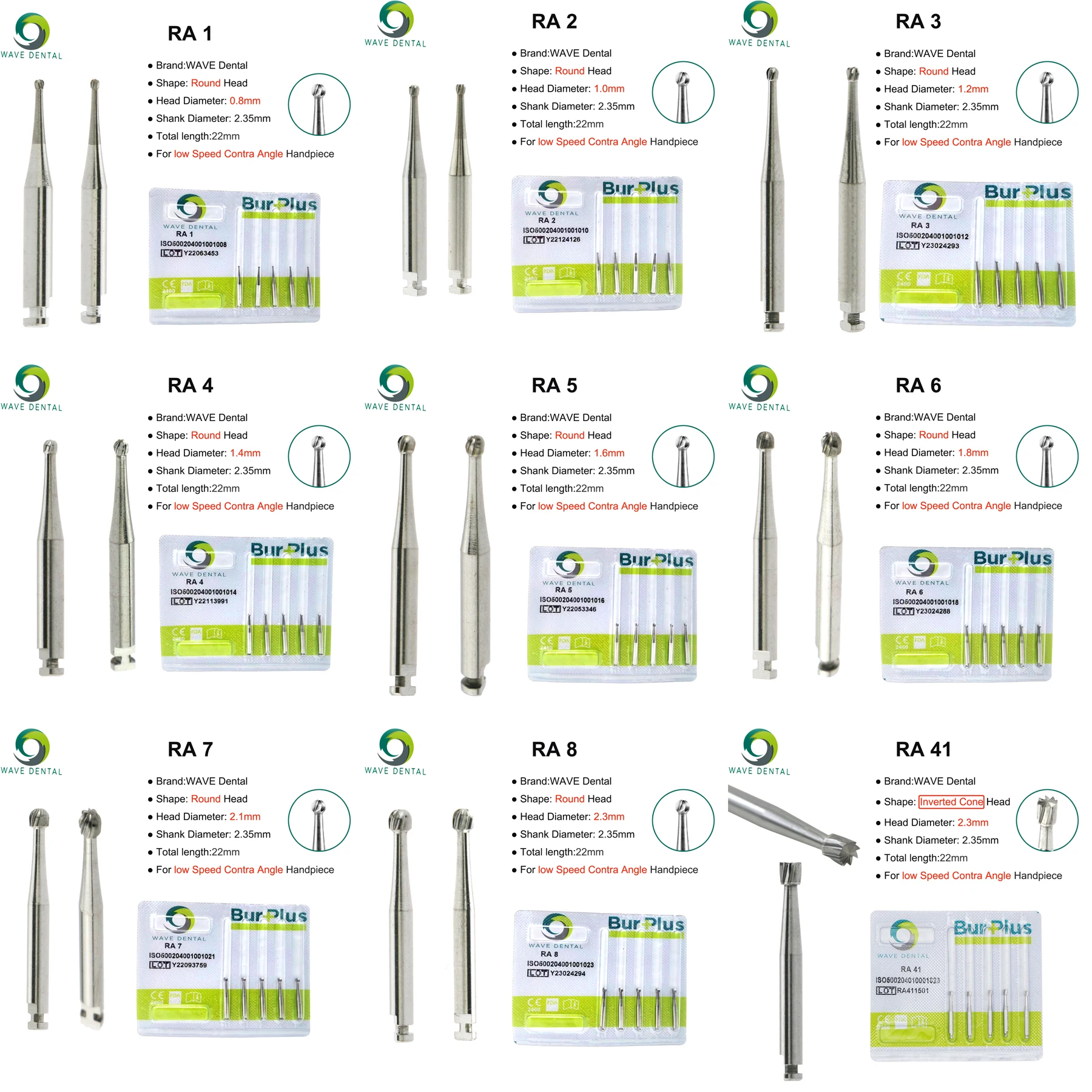 PRIMA WAVE-Carboneto de Tungstênio Brocas Dentárias, Cabeça Redonda, Contra Angle Handpiece, Contra Angle, Série RA, Diâmetro 2,35 milímetros