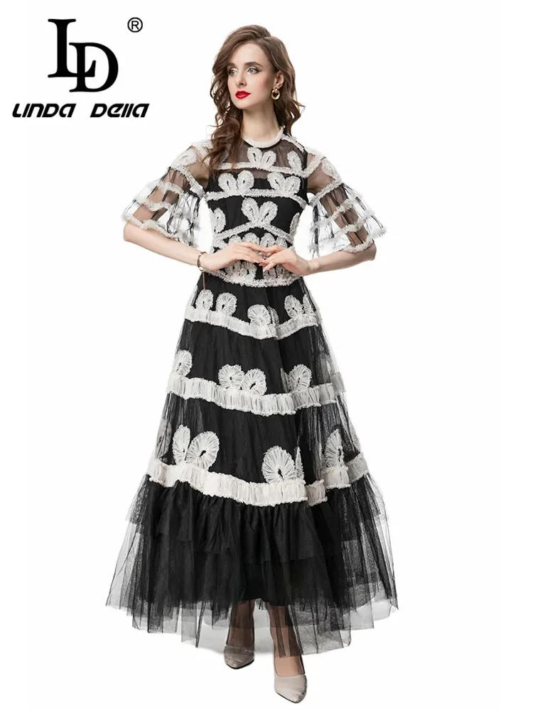 LD LINDA DELLA 2024 New Style Runway Designer Elegant Dress Women's TemperamentNet Yarn Edible Tree Fungus Sexy Princess Dresses