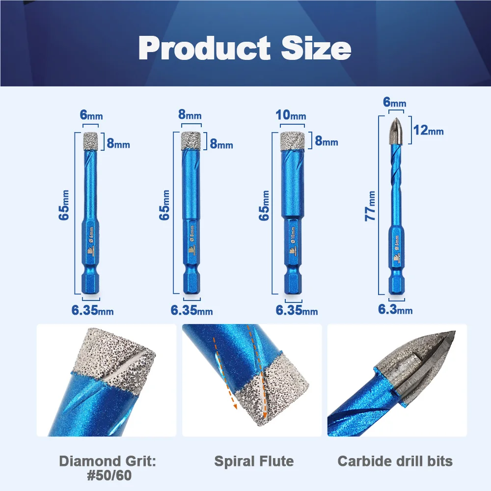 BRSCHNITT Diamond Drill Core Bits Set 5pcs 6mm for Porcelain Tile Ceramic Stone Granite Marble Hole Saw Drill Bit