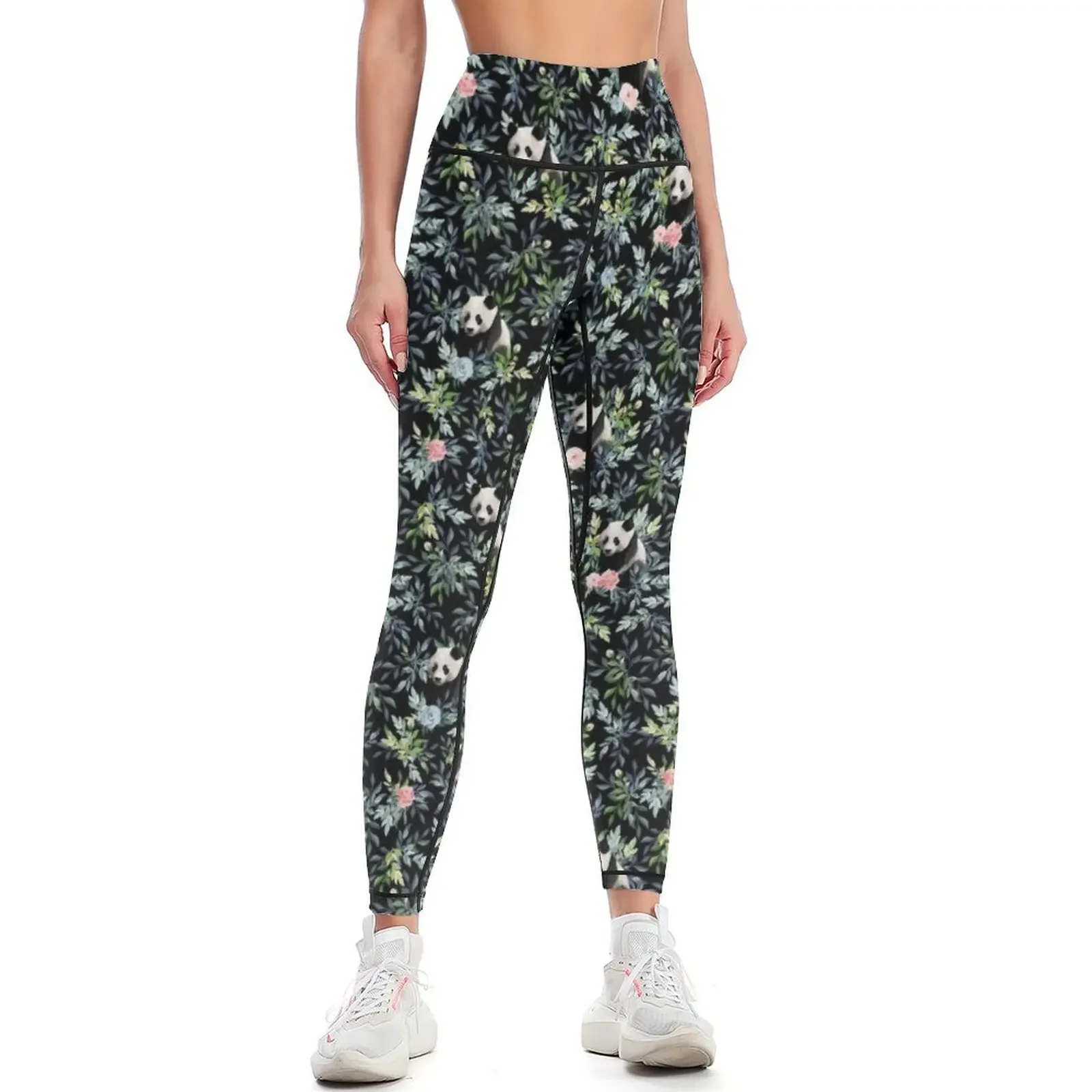 Floral Panda Pattern with Pink and Blue Roses Leggings Jogger pants Women's sports for fitness push up fitness Womens Leggings