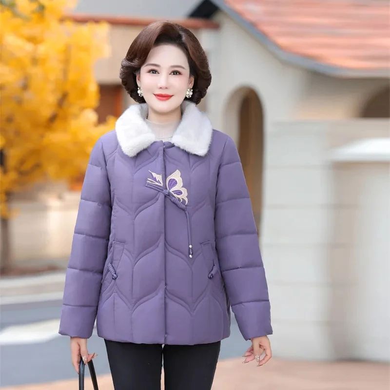 Thick Warm Winter Cotton Padded Jackets Loose Women's Parkas Fleece Turndown Collar Butterfly Print Covered Button Zipper Female