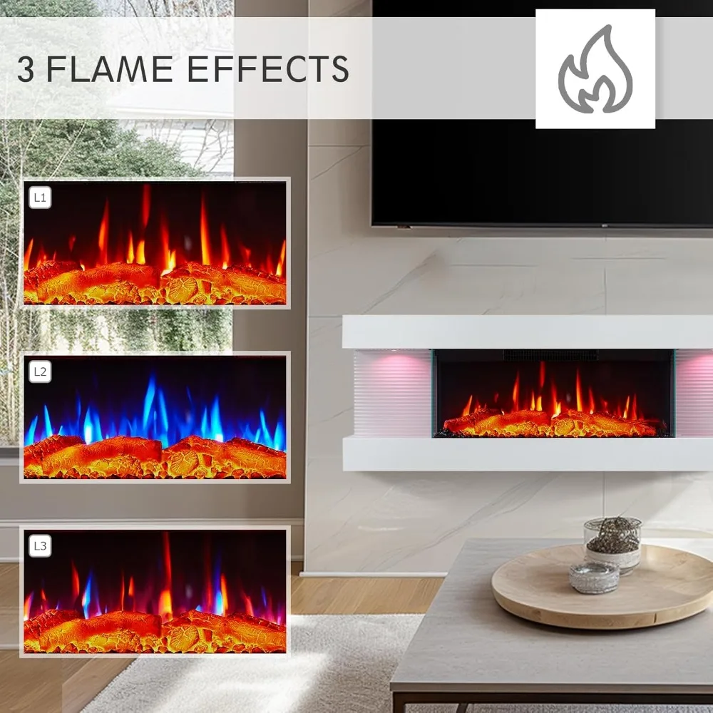 Alsa-chimenea eléctrica montada en la pared, todo en uno con múltiples colores de luz ambiental, control remoto, calentador de 1500W, 44 pulgadas