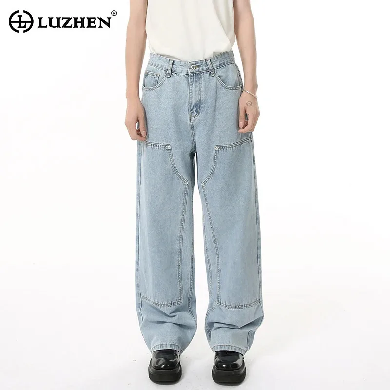 

LUZHEN 2025 New Fashion Patchwork Design Solid Color Washed Straight Denim Pants Men's Trendy Loose Wide Leg Male Jeans JY1170