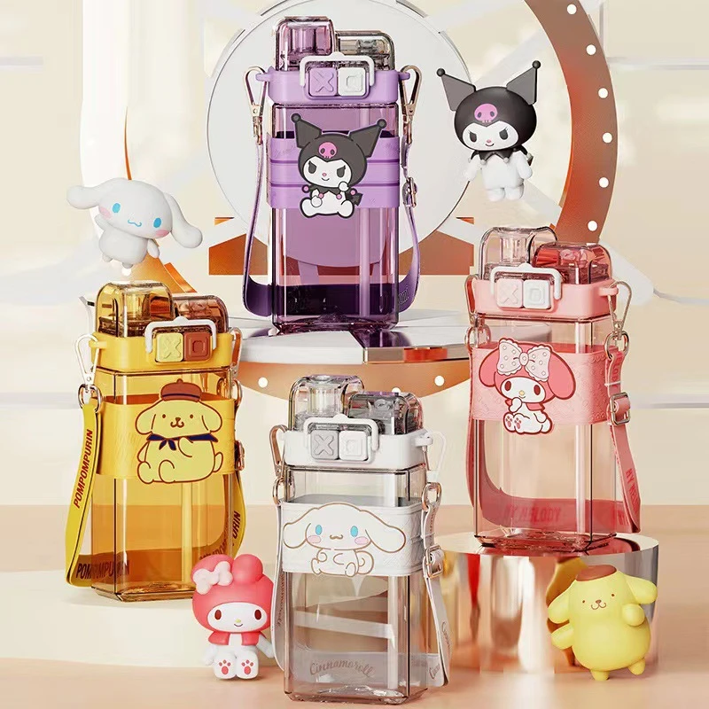 Sanrio Cartoon Kuromi Large Capacity Double Drinking Plastic Water Cup High Appearance My Melody Cute Square Straw Cup Girl Gift