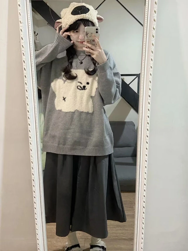 Japanese Grunge Kawaii Cute Flocking Dog Sweaters Women Y2k Aesthetic Casual Loose Jumpers 2024 Autumn New Gentle Gray Pullovers