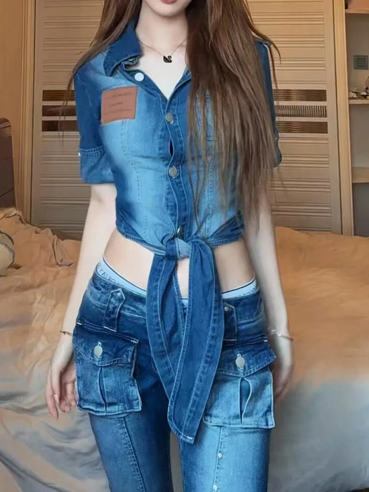 

Регулируемая женская летняя рубашка с коротким рукавом в американском стиле Hot Girl, джинсовый топ с V-образным вырезом, дышащий, из мягкой выстиранной синей ткани, укороченный, в стиле ковбойской моды