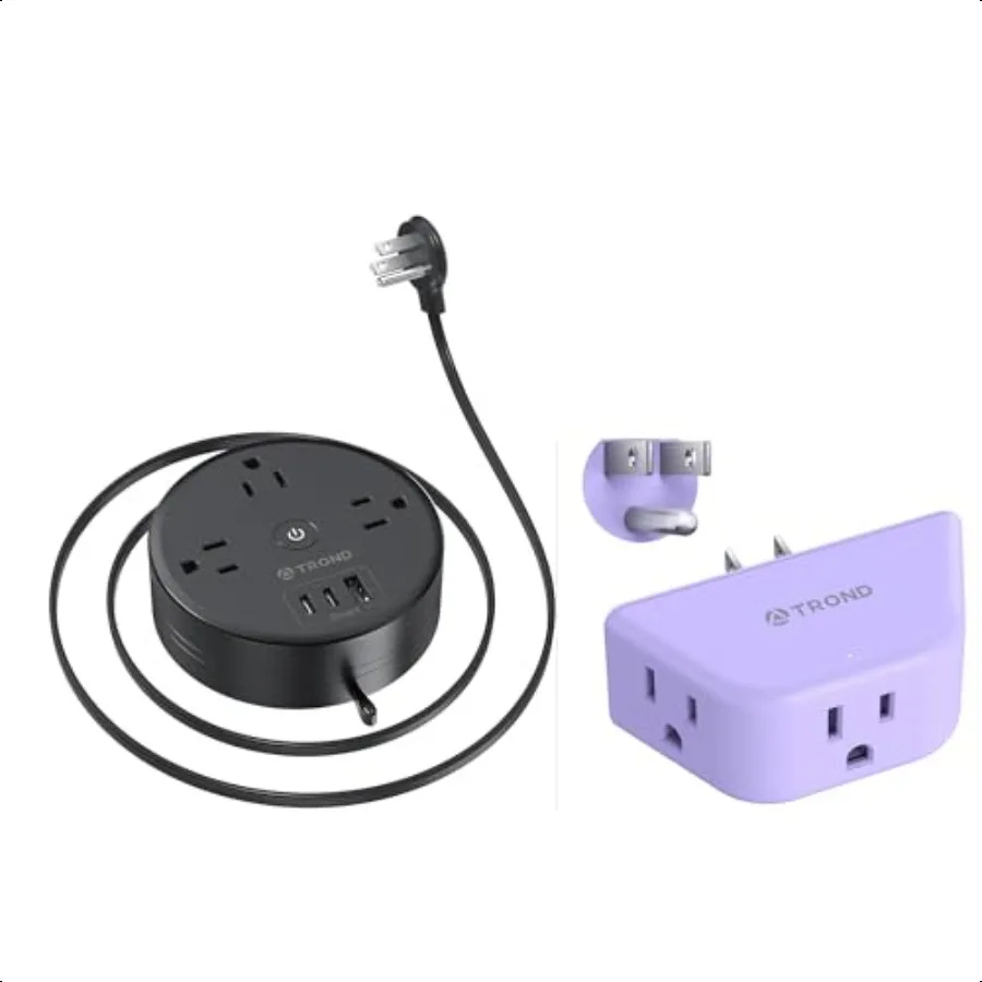 

Black Flat Plug Power Strip Extension Cord 10FT SemiRetractable + Purple Outlet Extender with 3Prong Grounded Sockets 3 Way Ang