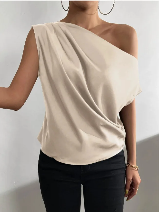 Women's Blouses and Shirts Sexy Short Sleevee Blouses Lady Trend 2026 Summer Simple Slant Neck Tops Blusas De Mujer