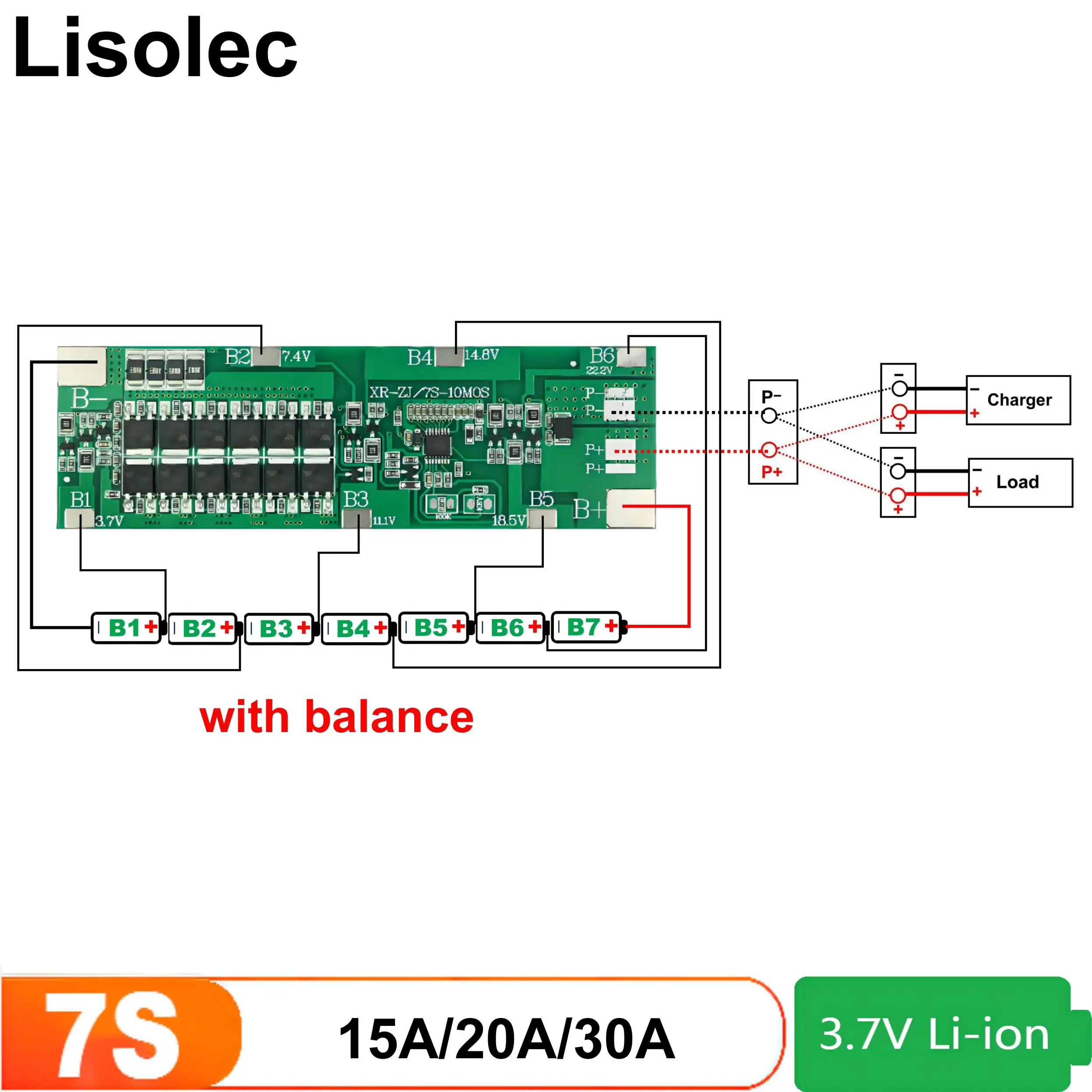 24V BMS 15A 20A 30A Charge Discharge Protection Board with Balance for 7S1P 7S2P 7S3P 18650 25.9V 29.4V Li-ion Battery Pack