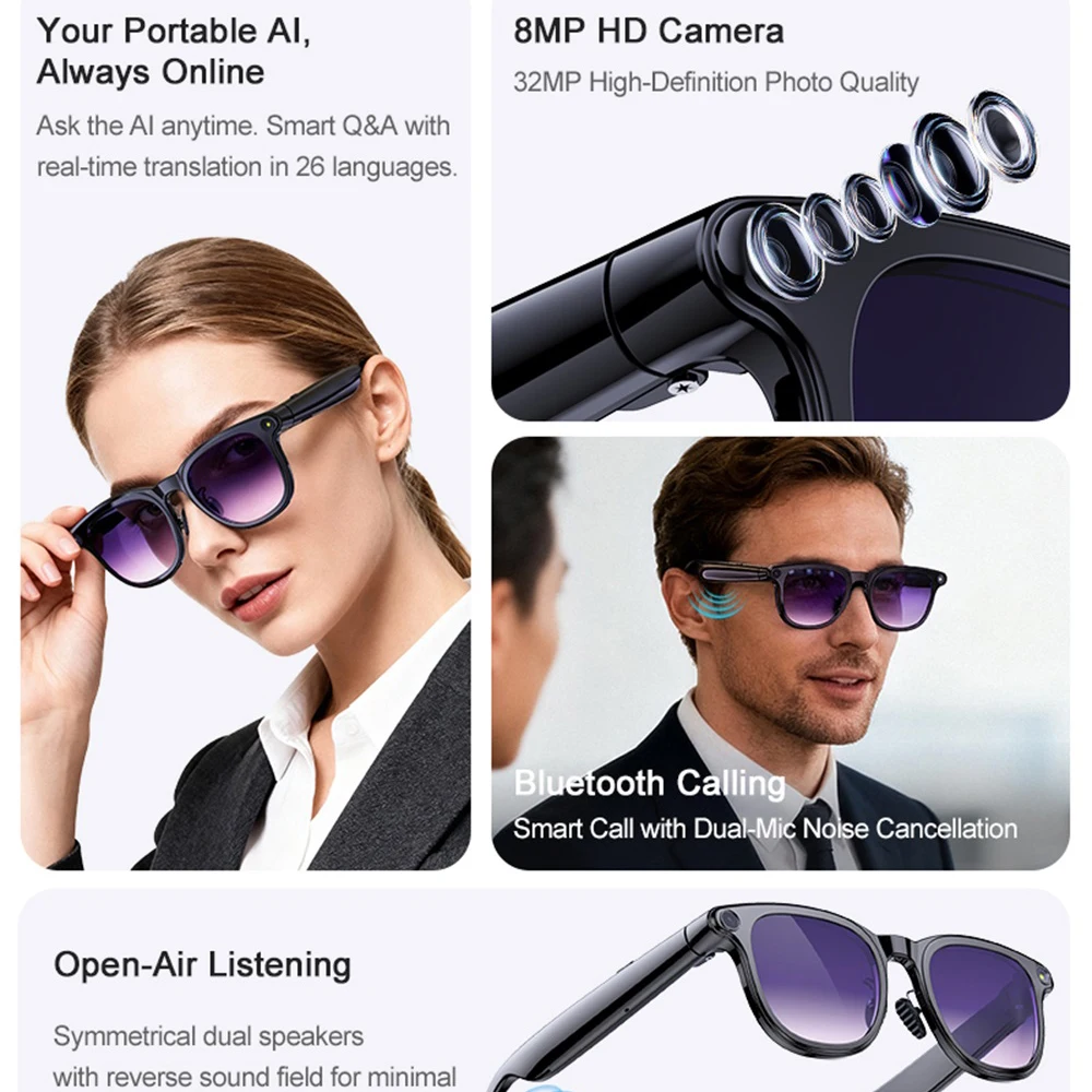 Smart Glasses AI Assistant Real-time Translation Eyewear Camera Bluetooth Call Sunglasses Shoot Audio Video Music Player Men
