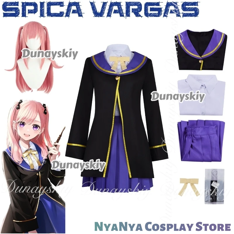 

Классная комната черного кота и ведьмы, аниме Spica Vargas, косплей с синей юбкой, розовый парик, черное пальто, косплей 코스), полный комплект