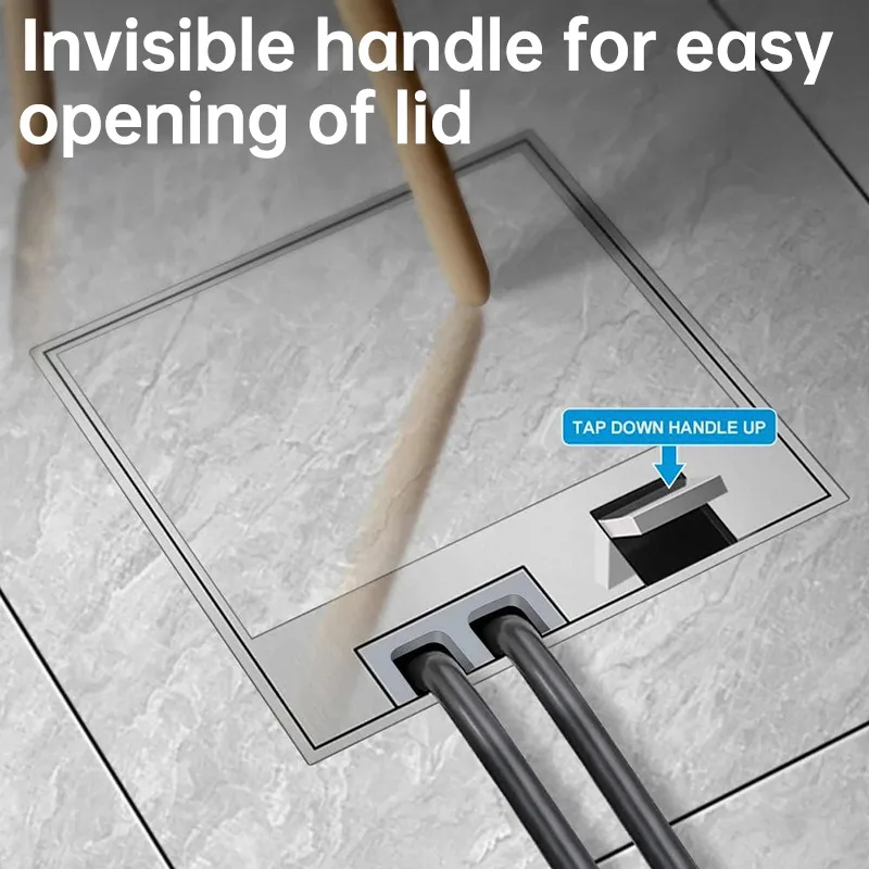 Flat Floor Hidden Electrical Socket, EU FR UK Outlet Embedded In Stainless Steel Marble For Home And Office Use 130mm X 130mm