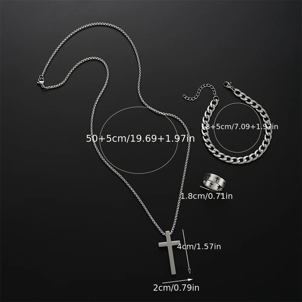 Ensemble de 3 pièces en acier inoxydable pour hommes, pendentif croix en métal, chaîne, collier, Bracelet, bague, ensemble de bijoux, Hip Hop, accessoires pour usage quotidien