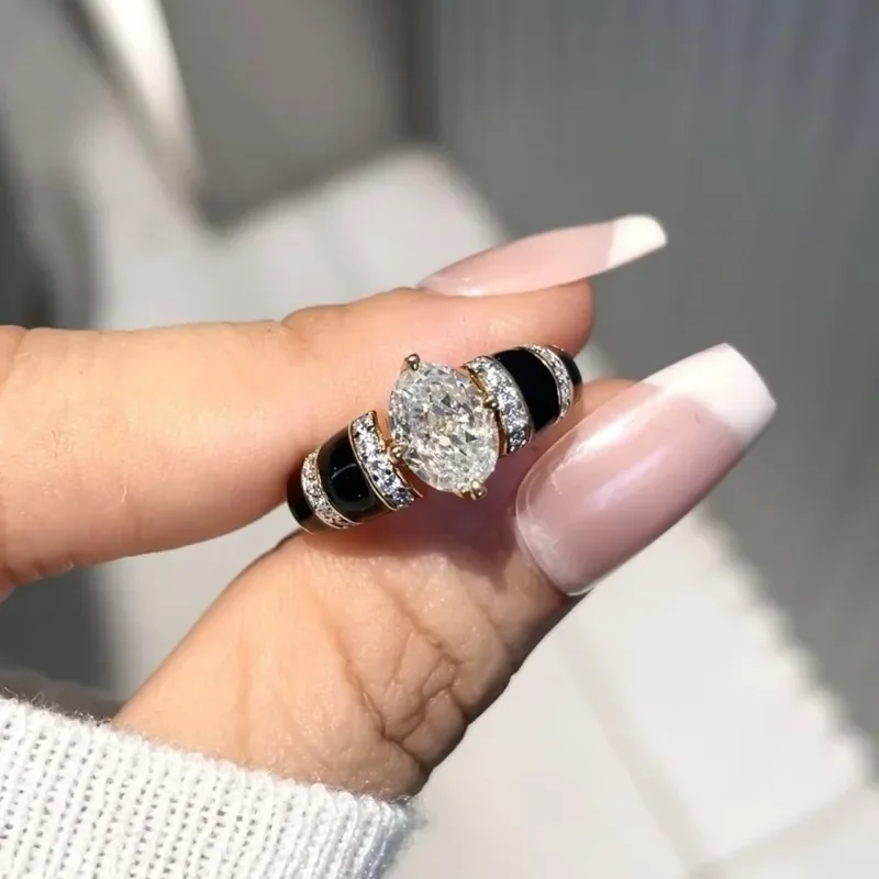 Exquisite Black Agate Vinatge Style Fine Jewelry Luxury Daily rings Couple Style Stacked Ring Engagement Wedding Opening