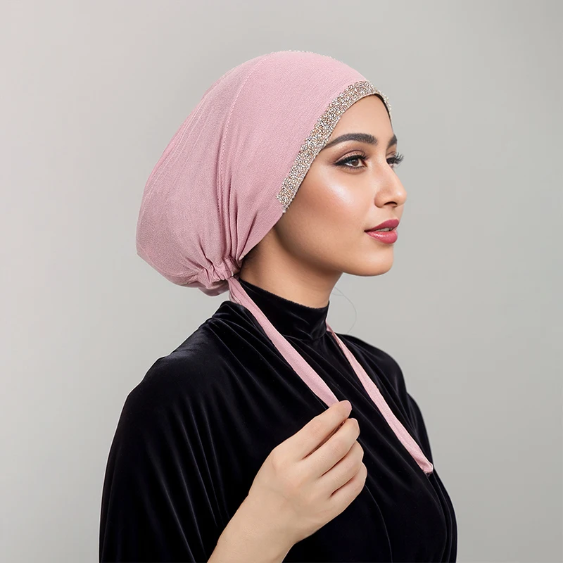 Spring Summer NEW Rhinestone Muslim Woman Hijab Islamic Jersey Turban Underscarf Caps Instant Head Scarf Inner Coverings Hats