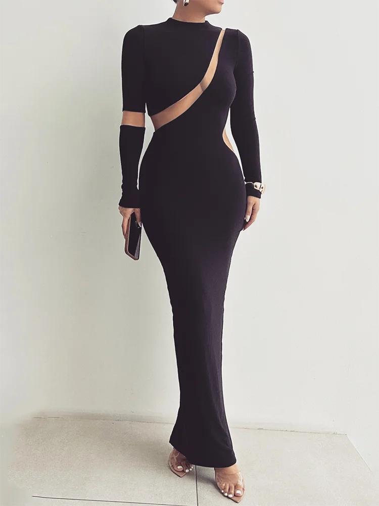 Mozision Turtleneck Long Sleeve Bodycon Maxi Dress For Women Autumn New Patchwork Hollow Out Club Party Sexy Long Dress Vestidos