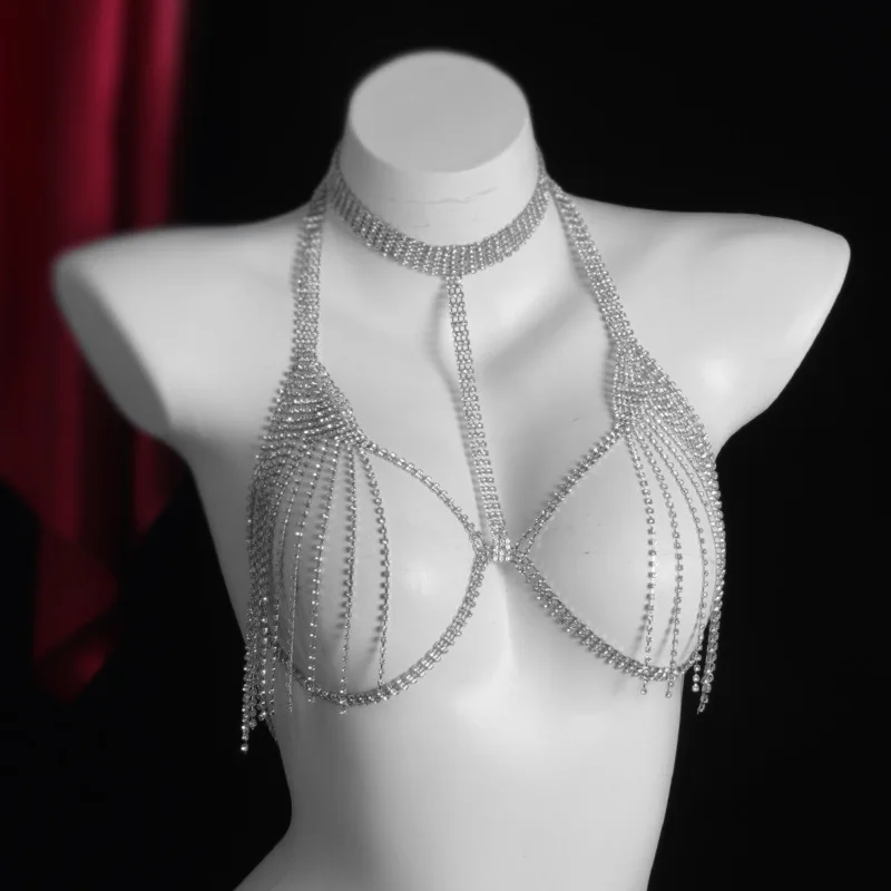 Sparkling Golden Crystal Mesh Harness Top Layered Fringe Halter Body Chain Glamorous Nightclub Party Beach Costume Jewelry