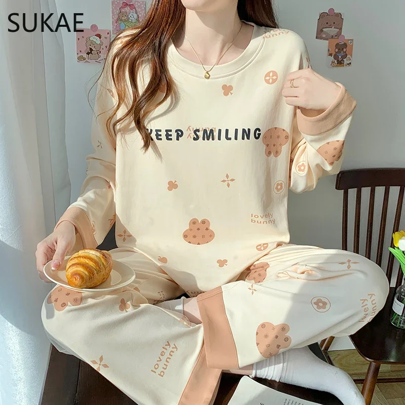 SUKAE-Conjunto de pijama con estampado de cachorro rosa para mujer, ropa de dormir Coreana de manga larga con cuello redondo, de algodón de