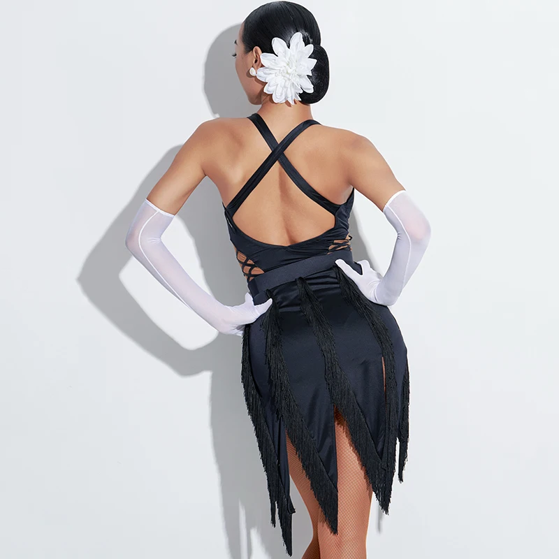 Frauen High-End-Latin Dance Wettbewerb Split Anzug Hängenden Hals Overall Unregelmäßigen Quasten Rock Praxis Sumba Kleid DW255/256