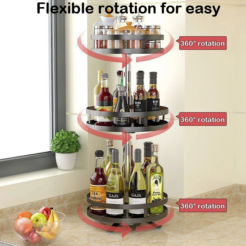 Multifunction Kitchen 3-layer Rotating Tray Storage Organizer Carbon Steel Spices Container Set Rack Jar Cans For Accessories