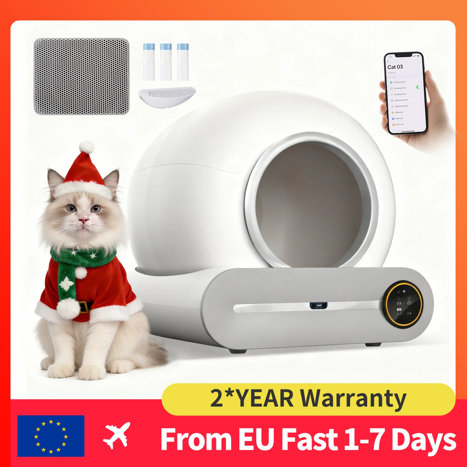 MJDZSW Bac à litière automatique pour chat de 65 L, toilette intelligente pour chat à nettoyage automatique avec contrôle par application WiFi 2,4 G, comprend 3 sacs poubelle + tapis de litière