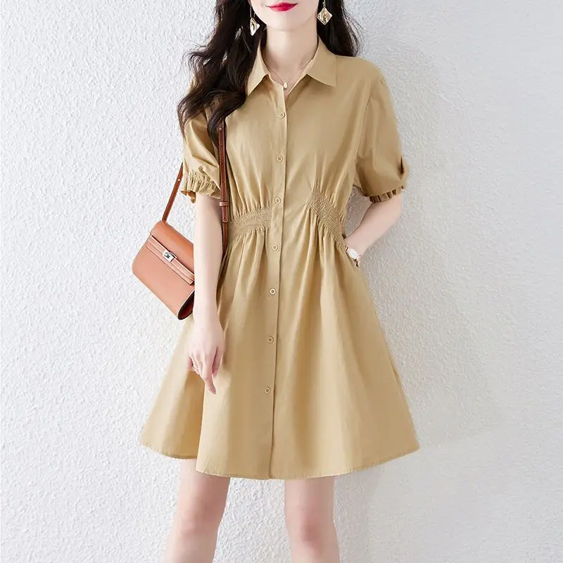 

Casual All-match Solid Color Polo-Neck Vintage Dress Female A-Line Stylish Single-breasted Summer Short Sleeve Shirring Dresses