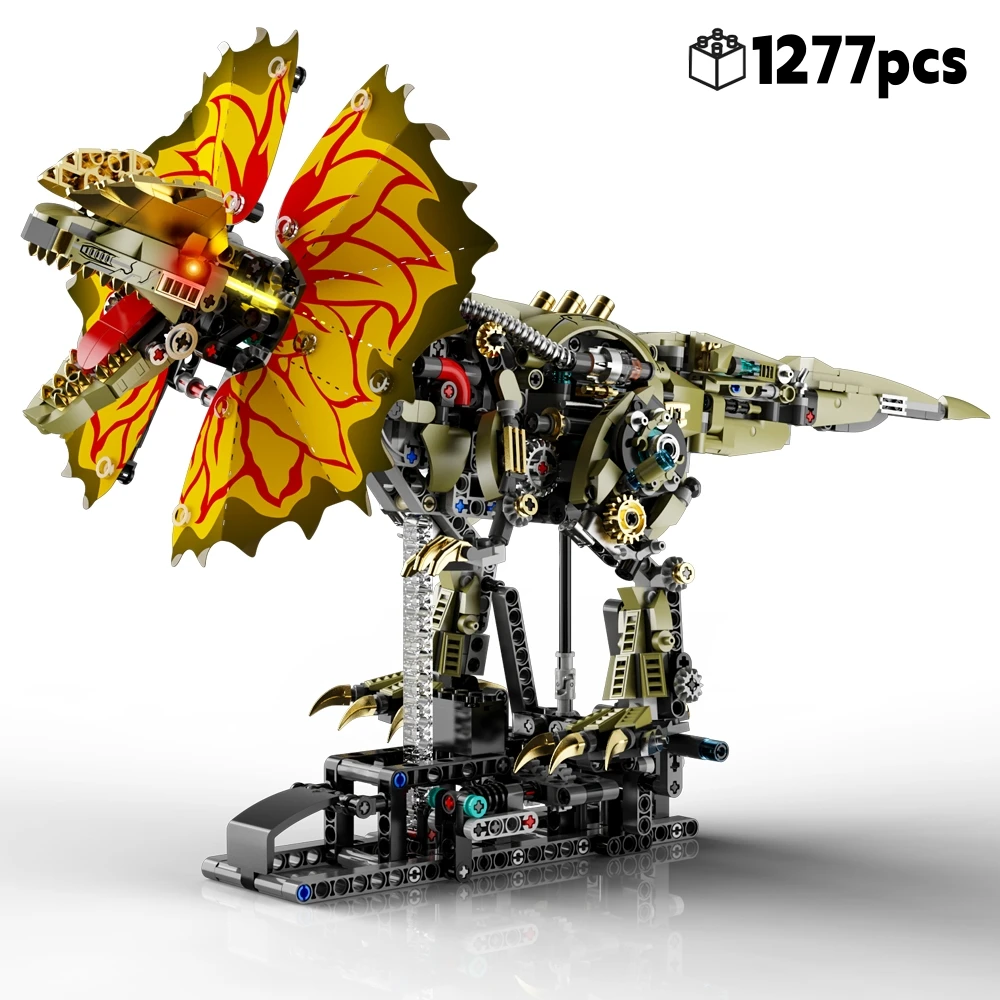 

DIY Mechanical Dilophosaurus Building Blocks Kit with LED Light and Linkage Motion Jurassic Animal Model Christmas Birthday Gift