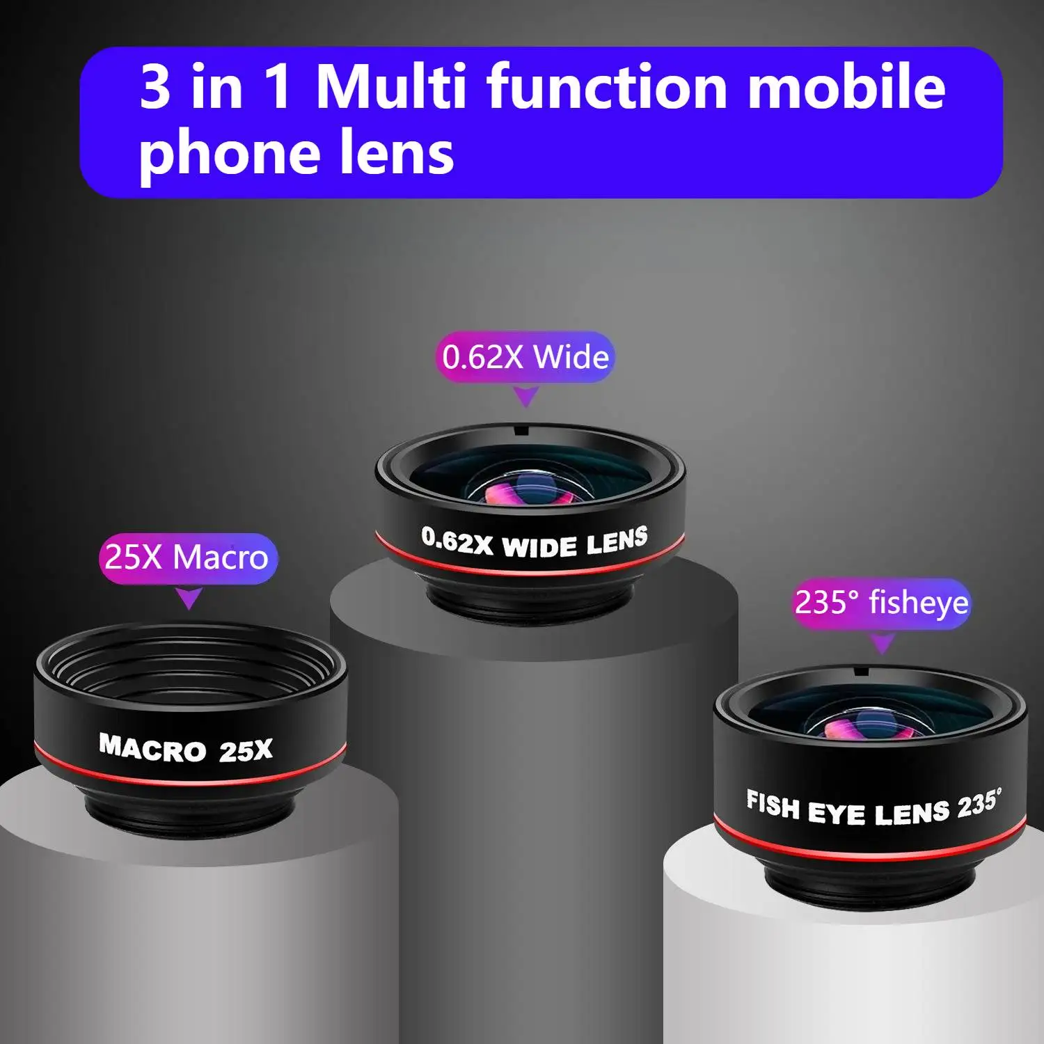 

Universal 3 In 1 Phone Photography Lens Fish Eye Fisheye 0.62X Wide Angle 25X Macro Smartphone HD Camera Lens for iphone 12 13